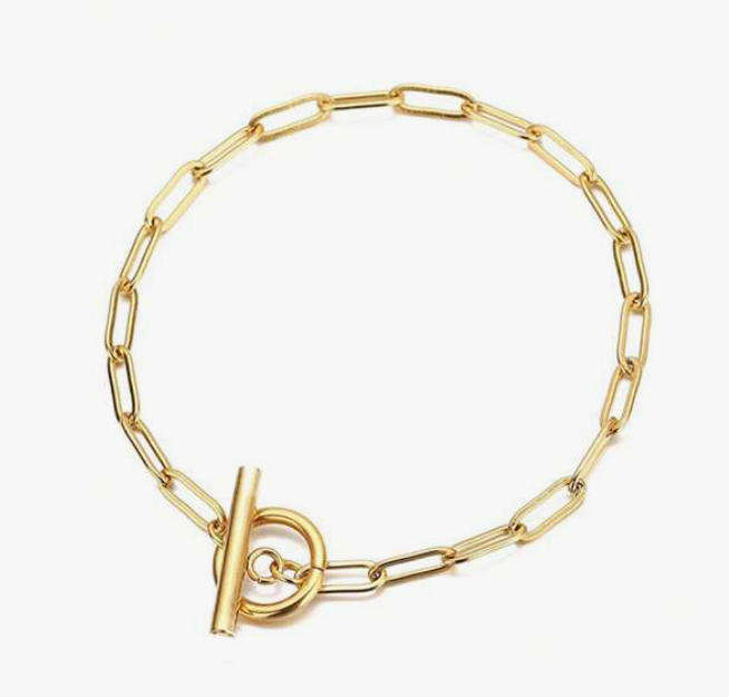 Waterproof Gold Plated T-Bar Paperclip Bracelet - Hypoallergenic Stainless Steel