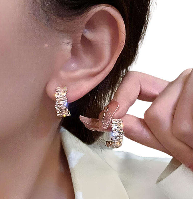 Gold Plated White CZ Stones Stainless Steel Curved Rhinestone Earrings
