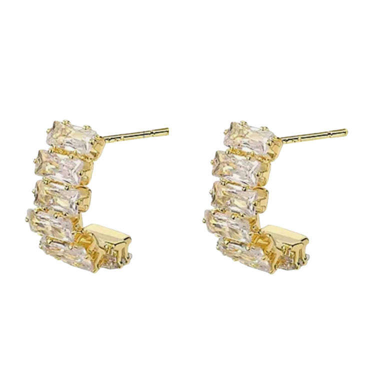 Gold Plated White CZ Stones Stainless Steel Curved Rhinestone Earrings