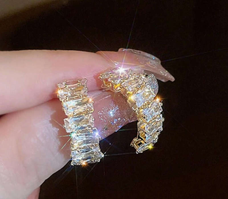 Gold Plated White CZ Stones Stainless Steel Curved Rhinestone Earrings