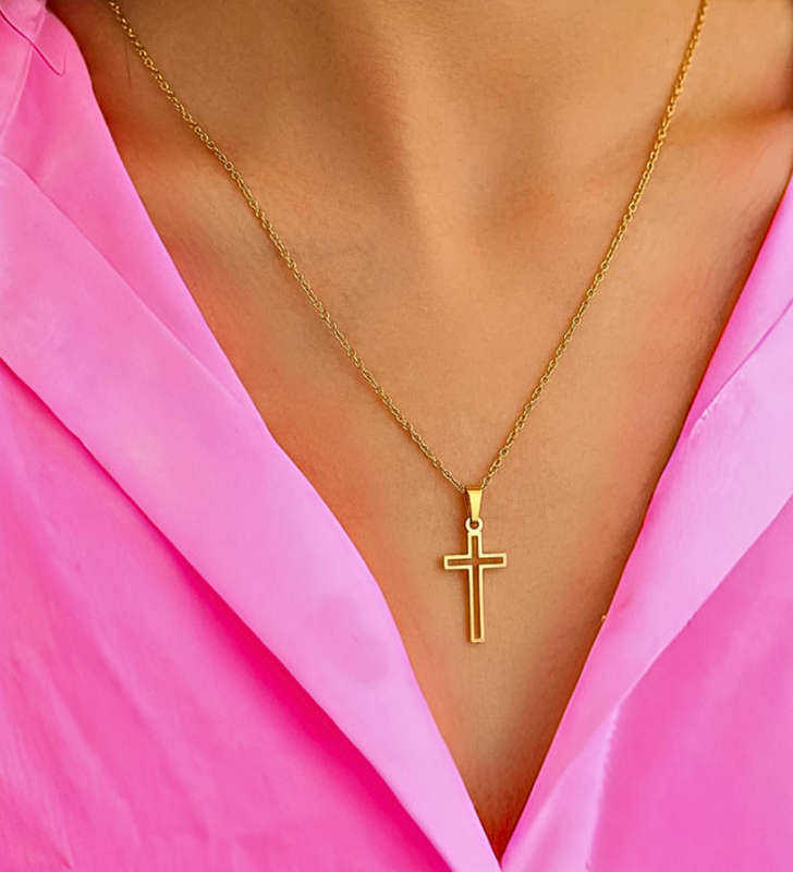 Men and Womens Gold Plated Non Tarnish Stainless Steel Hollow Cross Charm Pendant Necklace