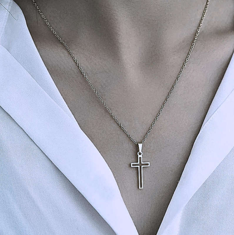 Men and Womens Silver Plated Non Tarnish Stainless Steel Hollow Cross Charm Pendant Necklace