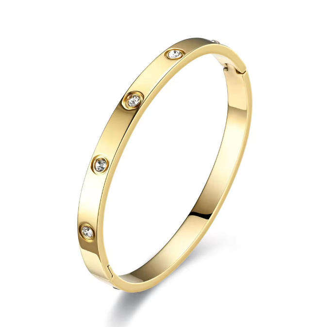 Magnificent Gold Plated Stainless Steel Love Bangle with Stone Inlays