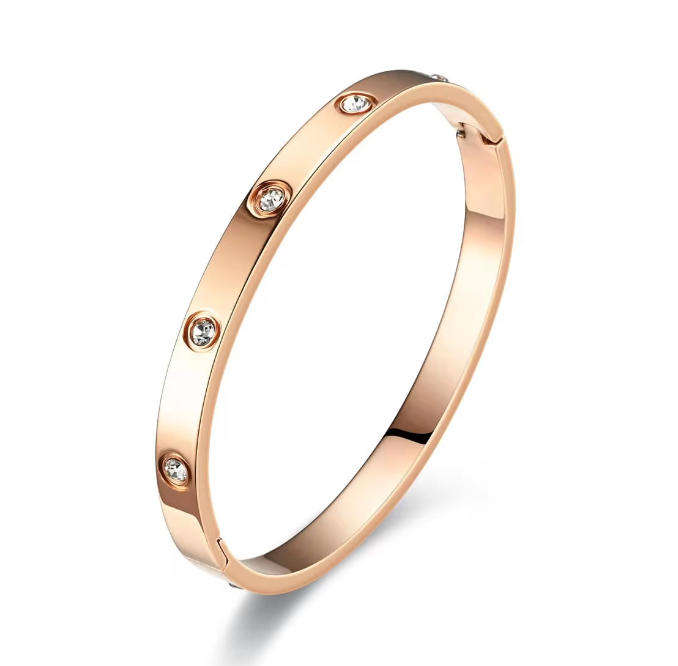 Magnificent Rose Gold Plated Stainless Steel Love Bangle with Stone Inlays