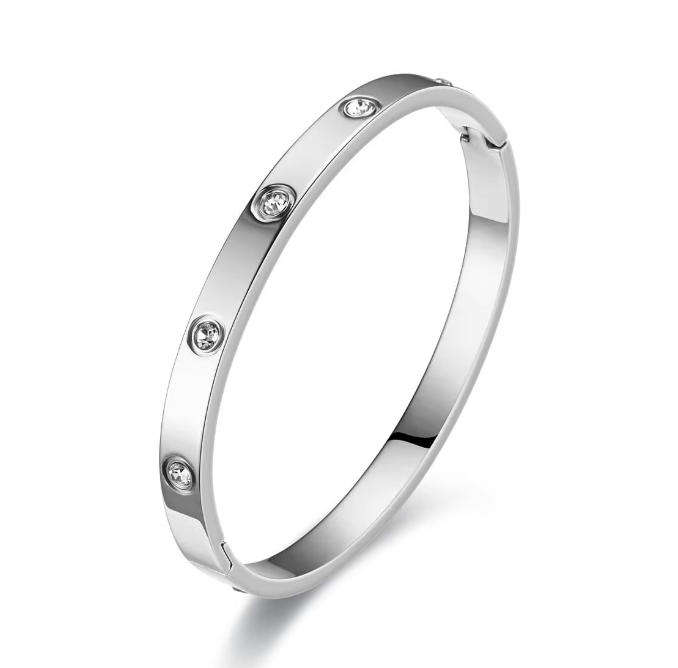Magnificent Silver Plated Stainless Steel Love Bangle with Stone Inlays