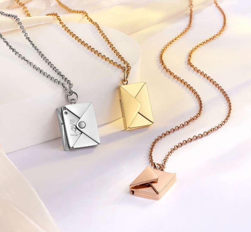 Gold Colour Openable Envelope Love Letter Stainless Steel Necklace with jewellery gift box