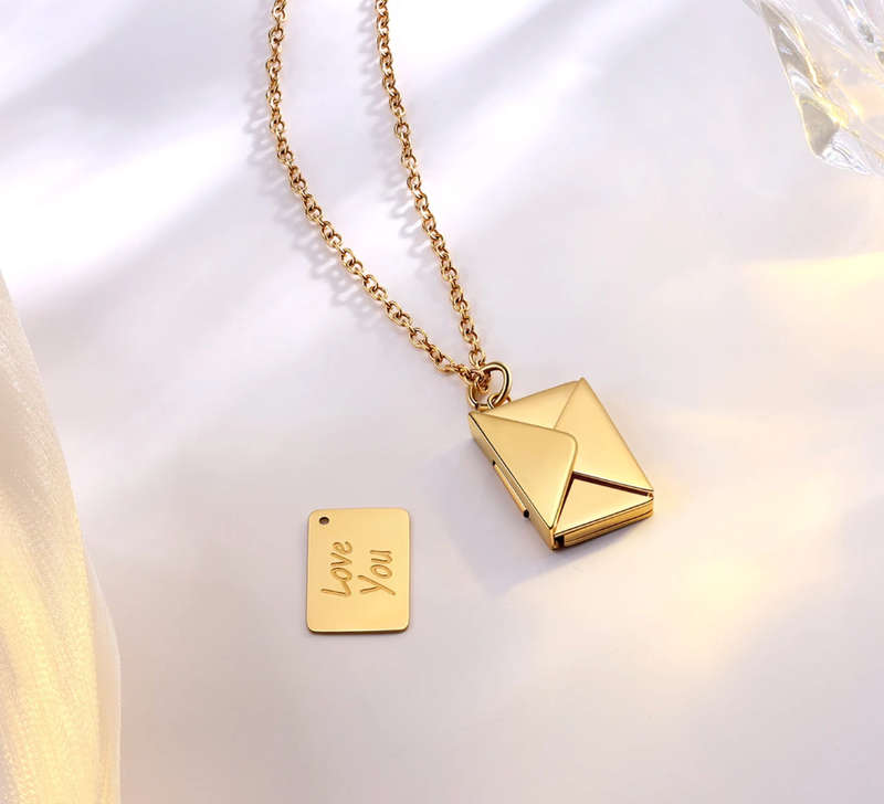 Gold Colour Openable Envelope Love Letter Stainless Steel Necklace with jewellery gift box