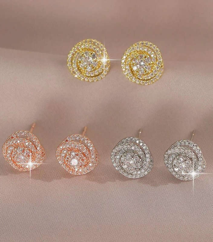 Sparkling Rose Shape Gold Colour Stainless Steel Rhinestone Earrings