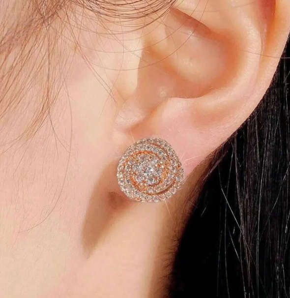 Sparkling Rose Shape Rose Gold Colour Stainless Steel Rhinestone Earrings