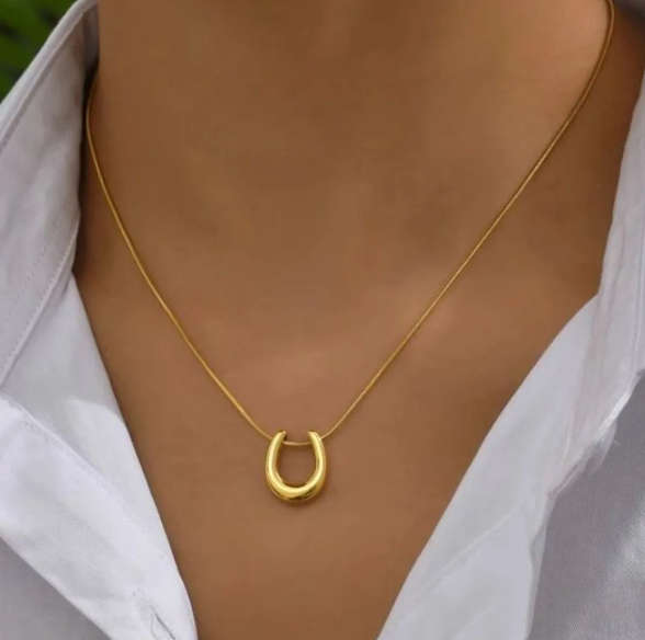Gold Colour Stainless Steel U-Shaped Pendant Necklace - Non Tarnish