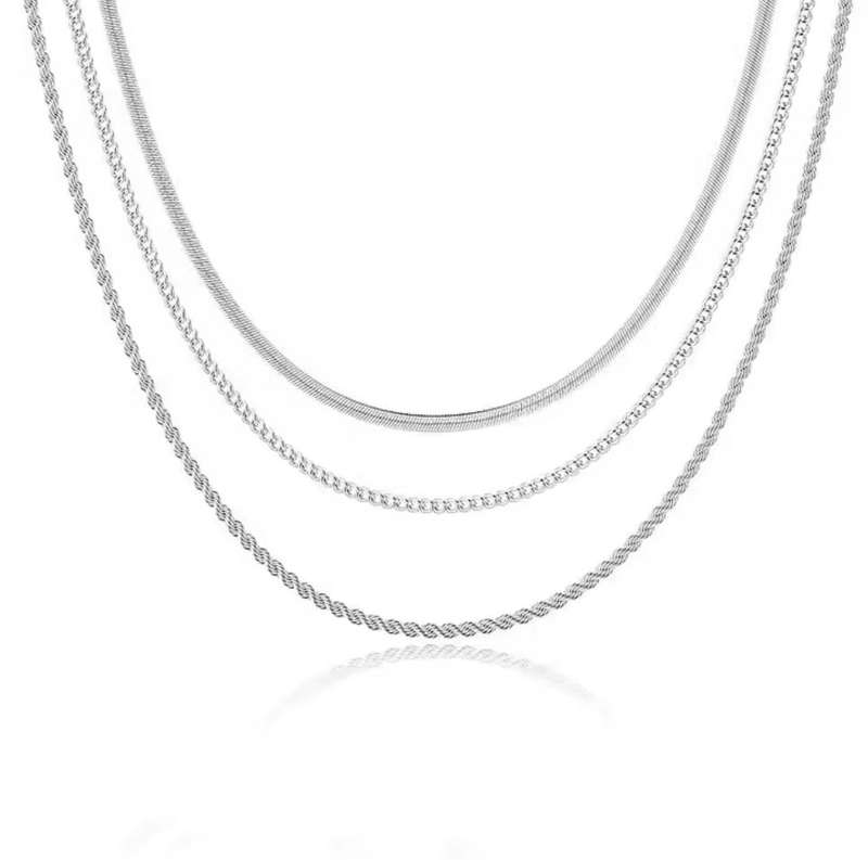 Set of 3 Silver Stainless Steel Non Tarnish Necklaces in High Quality Velvet Jewellery Gift Box