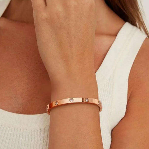 Magnificent Rose Gold Plated Stainless Steel Love Bangle with Stone Inlays