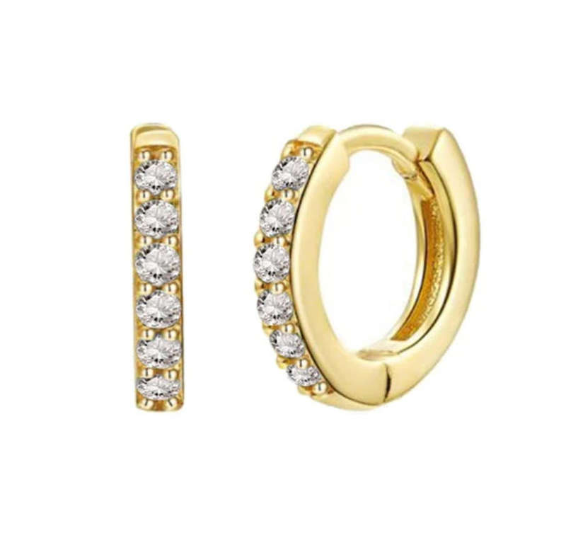 Gold Plated Tiny Single Row Crystal Huggie Hoop Earrings in Velvet Jewellery Box