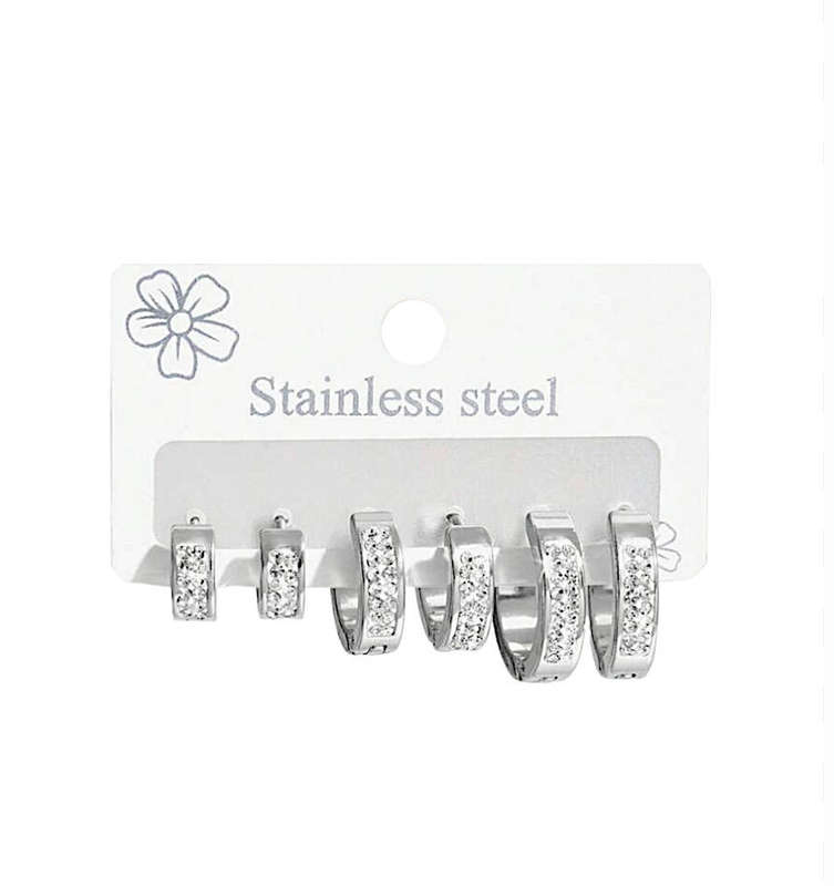 Set of 3 Silver Plated Stainless Steel CZ Earrings