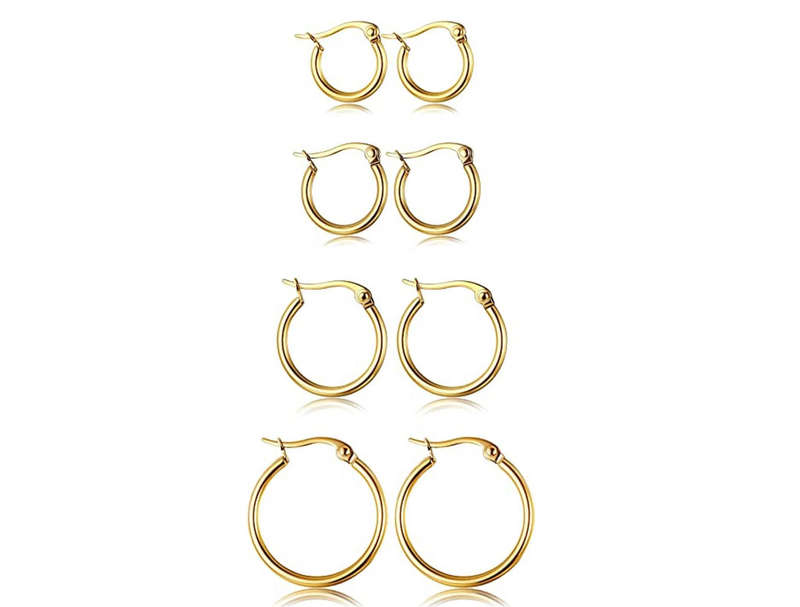 Gold Plated Hoop Earring Set (4 Pairs) - Waterproof, Hypoallergenic, Everyday Wear