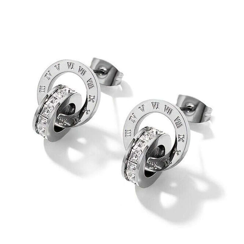 Silver Stainless Steel Roman Numerals Circle Drop Earrings