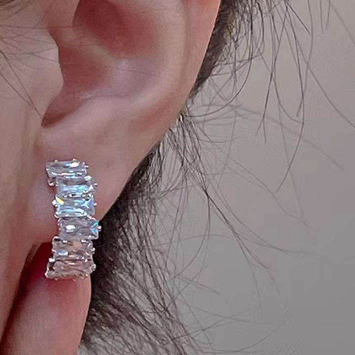 Silver Plated White CZ Stones Stainless Steel Curved Rhinestone Earrings