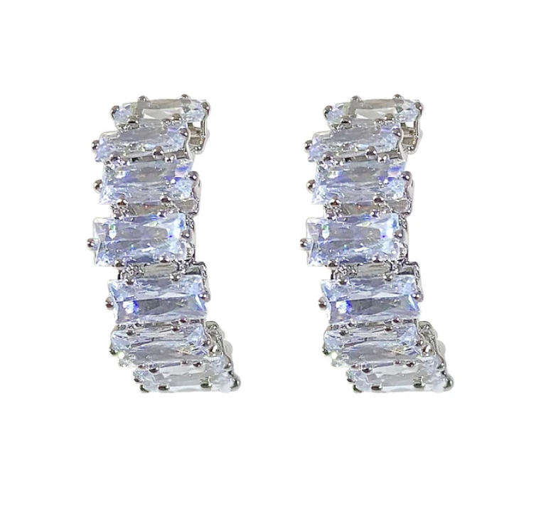Silver Plated White CZ Stones Stainless Steel Curved Rhinestone Earrings