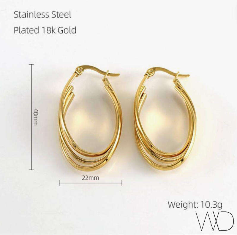 Gold Plated Non Tarnish Stainless Steel Tri Oval  Earrings
