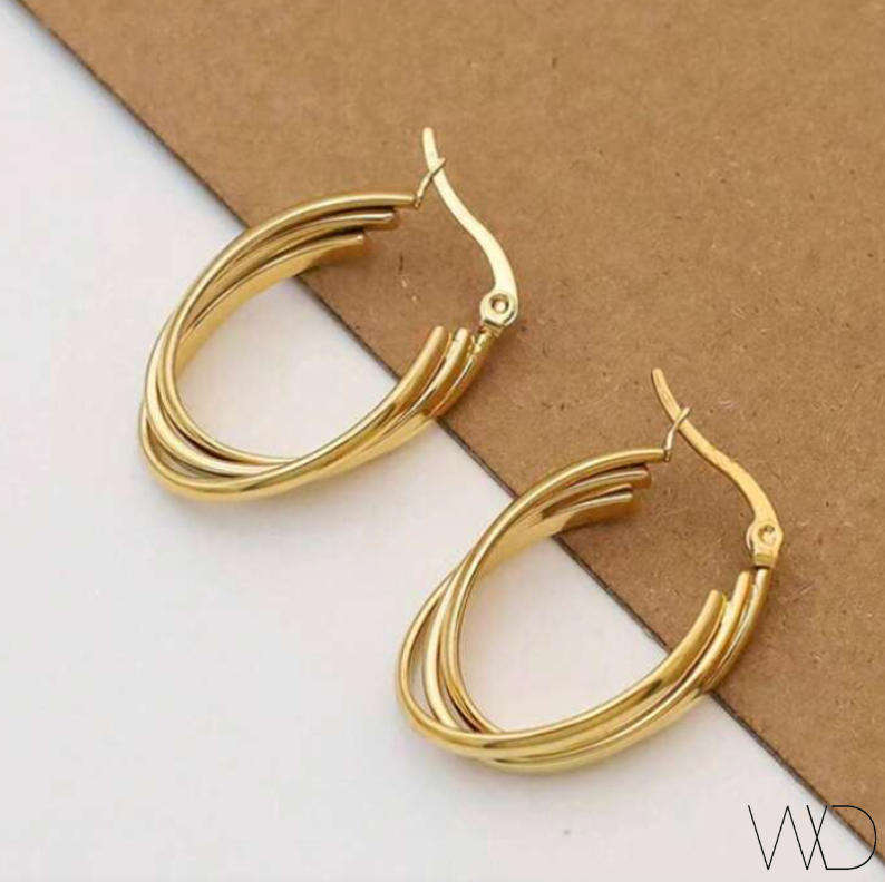 Gold Plated Non Tarnish Stainless Steel Tri Oval  Earrings