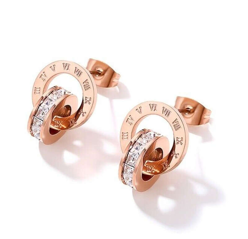 Rose Gold Colour Stainless Steel Roman Numerals Circle Drop Earrings
