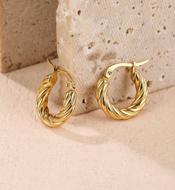 18k Gold Plated Non Tarnish Stainless Steel Small Corded Hoop Earrings