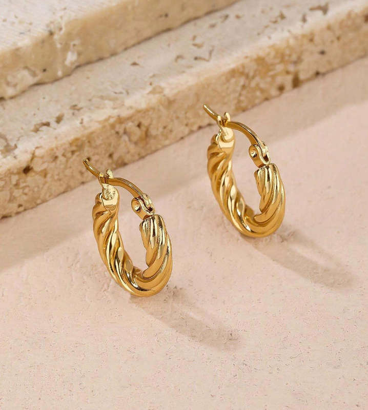 18k Gold Plated Non Tarnish Stainless Steel Small Corded Hoop Earrings