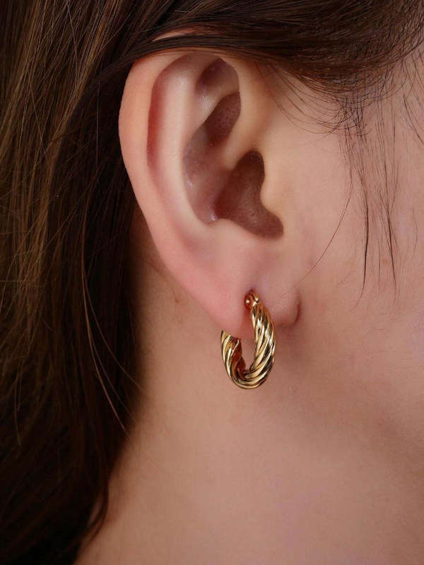 18k Gold Plated Non Tarnish Stainless Steel Small Corded Hoop Earrings