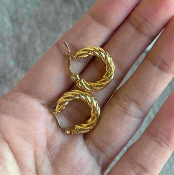 18k Gold Plated Non Tarnish Stainless Steel Small Corded Hoop Earrings