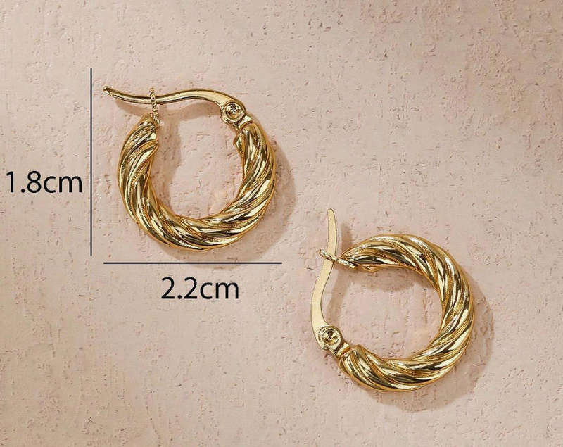 18k Gold Plated Non Tarnish Stainless Steel Small Corded Hoop Earrings