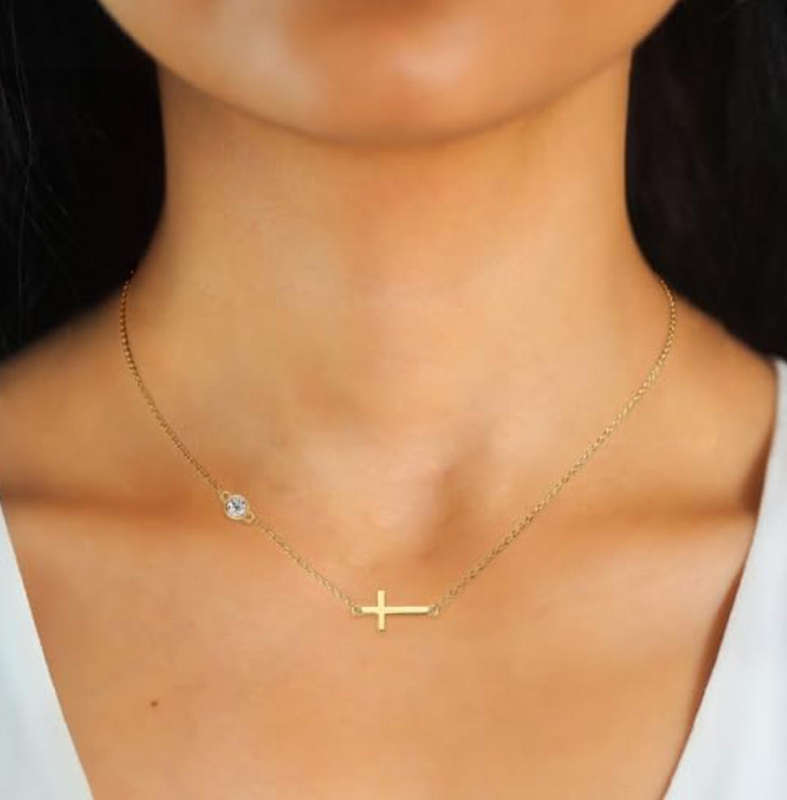 18k Gold Plated Non Tarnish Stainless Steel Cross Pendant Necklace with White Gemstone