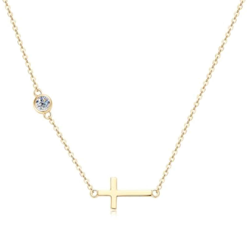 18k Gold Plated Non Tarnish Stainless Steel Cross Pendant Necklace with White Gemstone
