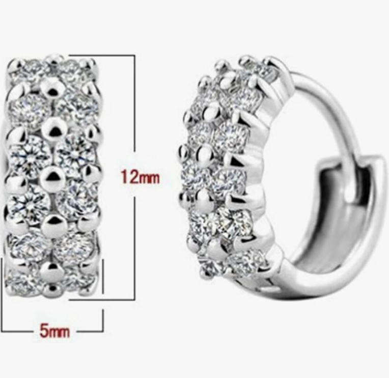 925 Silver Tiny Double Row Crystal Huggie Hoop Earrings