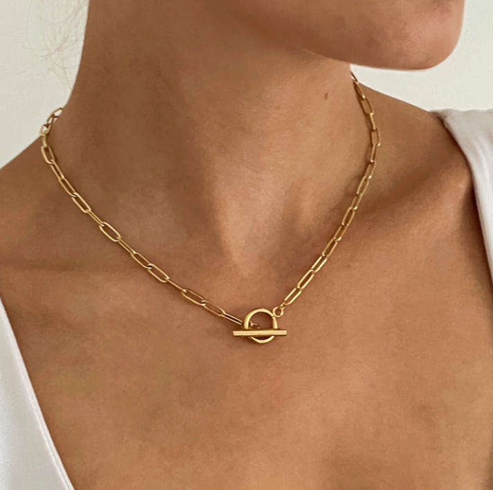 Gold Plated Paperclip Link Toggle Necklace  45cm | Gold Plated Stainless Steel