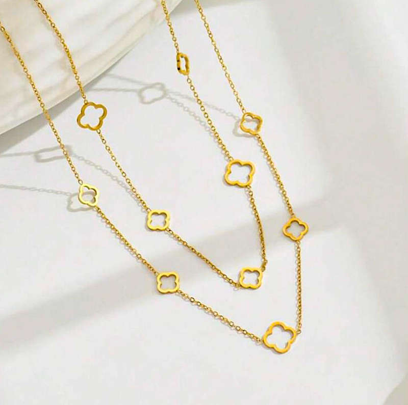 Gold Plated Two-Tier Clover Necklace  Stainless Steel, Non-Tarnish