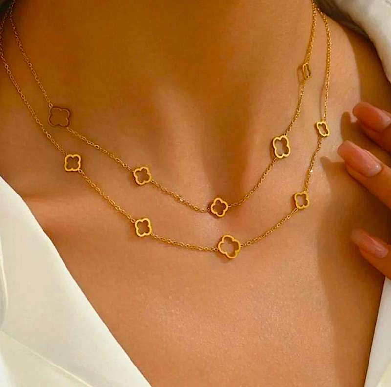 Gold Plated Two-Tier Clover Necklace  Stainless Steel, Non-Tarnish