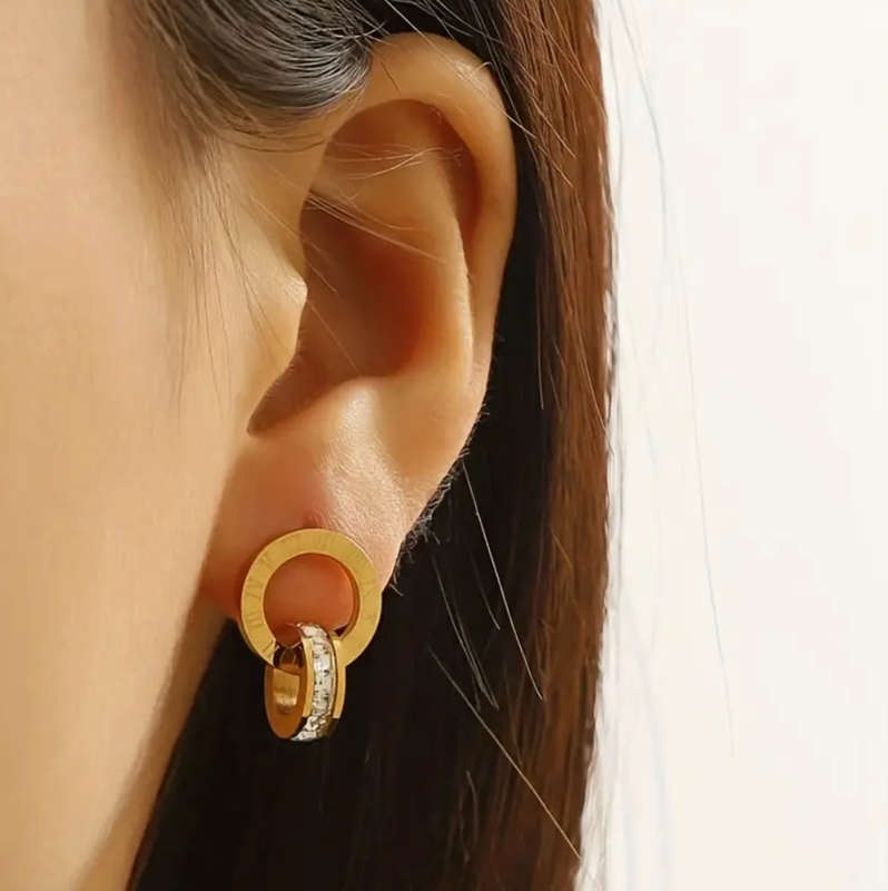 Gold Colour Stainless Steel Roman Numerals Circle Drop Earrings