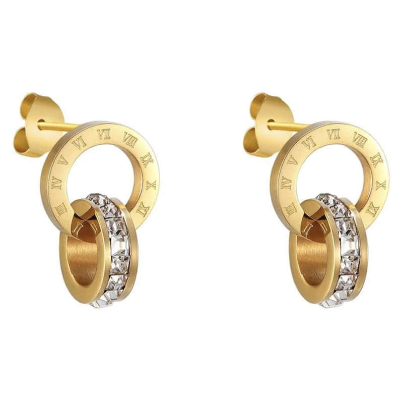 Gold Colour Stainless Steel Roman Numerals Circle Drop Earrings