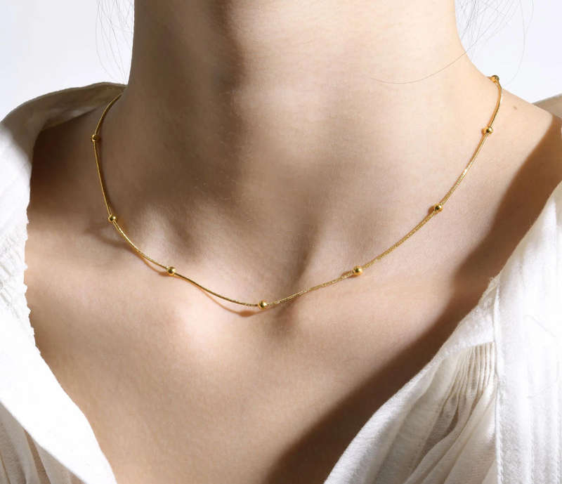 18k Gold Plated Bohemian Round Beaded Satellite Stainless Steel Necklace