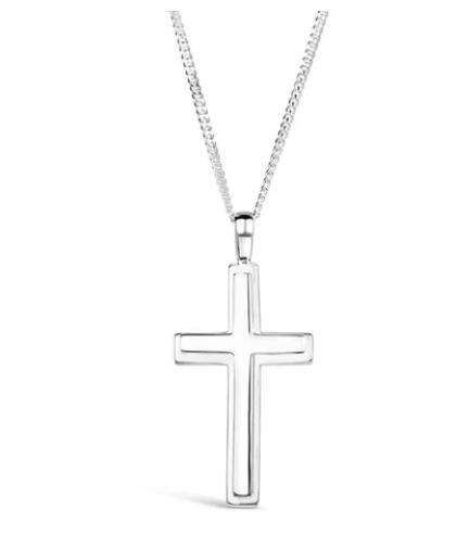 Men and Womens Silver Plated Non Tarnish Stainless Steel Hollow Cross Charm Pendant Necklace