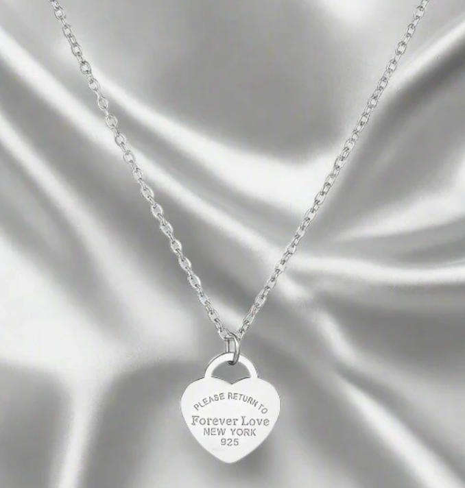 Please Return to Forever Love" Heart Pendant Necklace  Silver-Plated Stainless Steel, Non-Tarnish