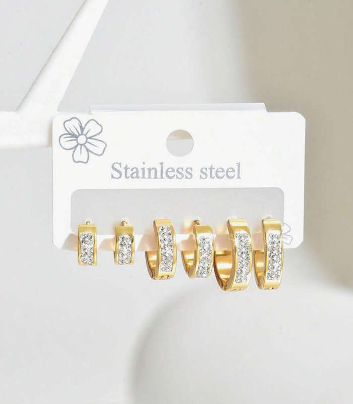 Gold Plated Stainless Steel Zirconia Earring Trio (3 pairs in 3 difference sizes)