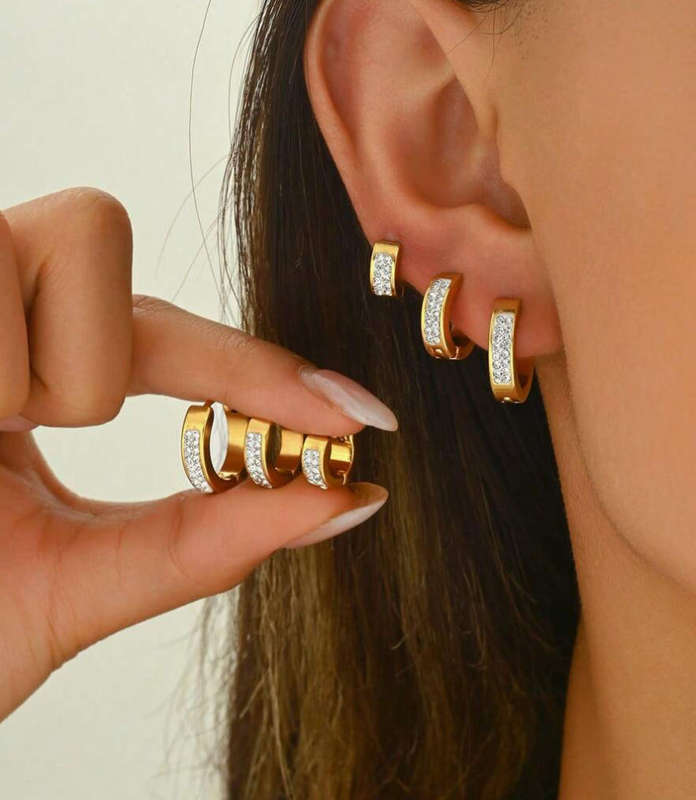 Gold Plated Stainless Steel CZ Earring Trio (3 pairs in 3 difference sizes)