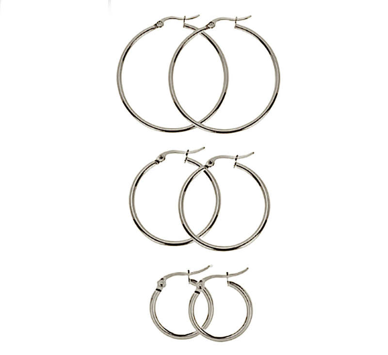 Set of 3 Pairs Stainless Steel Silver -Plated Hoop Earrings Hypoallergenic & Tarnish-Free
