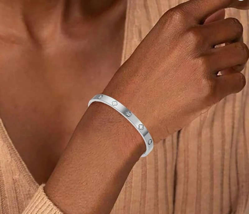 Magnificent Silver Plated Stainless Steel Diamante and Clover Love Luck Bangle