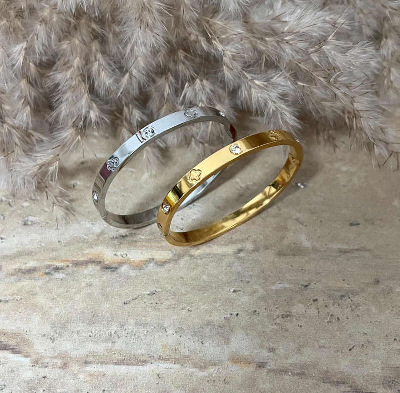 Magnificent Gold Plated Stainless Steel Diamante and Clover Love Luck Bangle