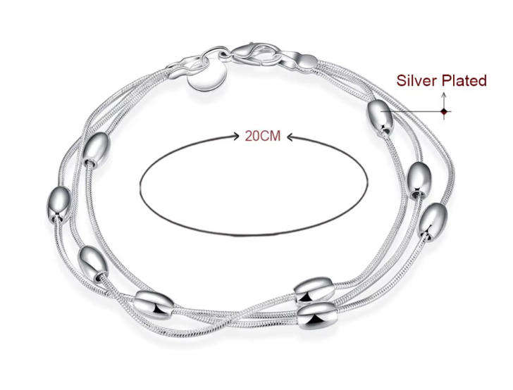 Silver Plated 925 Oval Bead Three Layer Snake Chain Bracelet Bangle