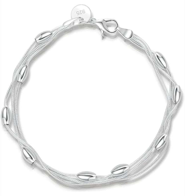 Silver Plated 925 Oval Bead Three Layer Snake Chain Bracelet Bangle