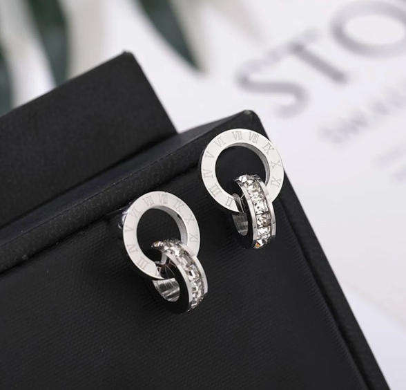 Silver Stainless Steel Roman Numerals Circle Drop Earrings