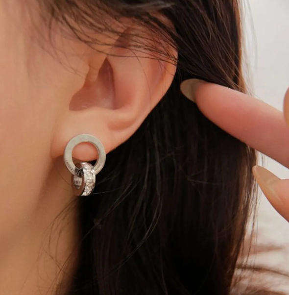 Silver Stainless Steel Roman Numerals Circle Drop Earrings